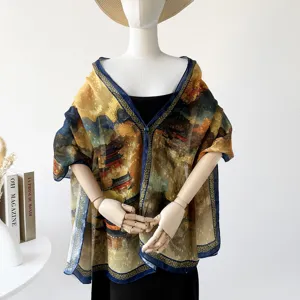 Spring summer women long silk scarf artistic landscape print shawl sun protection wrap fashion