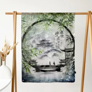Women summer ink painting long silk scarf elegant landscape shawl sun protection wrap