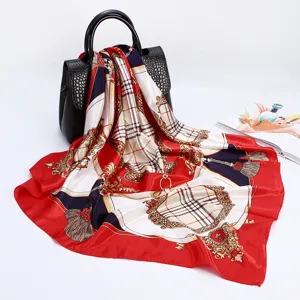 Elegant 90cm square satin silk scarf with classic baroque chain and plaid print design.