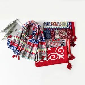 Boho ethnic printed tassel scarf, colorful geometric paisley shawl, lightweight summer wrap.