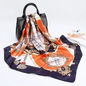 Luxury style silk scarf for women, 90cm square satin bandana and elegant large shawl.