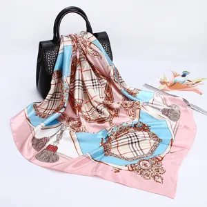 Elegant 90cm satin square scarf with classic plaid and chain print for women's daily fashion.
