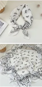 Elegant black and white paisley silk square scarf for women, chic neckerchief detail.