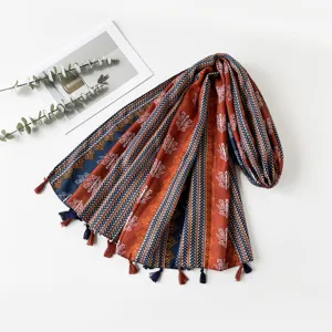 Ethnic style geometric printed shawl scarf with tassels, perfect for sun protection and travel.