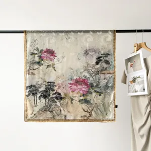 90cm silk scarf floral print square scarf for women, elegant Chinese art style satin headwrap.