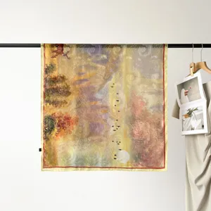 90cm satin square silk scarf with artistic landscape print, elegant women accessory for stylish looks.
