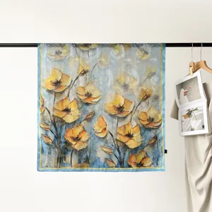 Artistic oil painting floral silk scarf detail shot, elegant blue and yellow design.