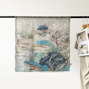 90cm silk square scarf for women, elegant Chinese landscape print satin neckerchief accessory.