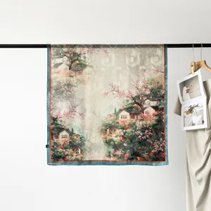 Luxury 90cm satin silk square scarf featuring elegant Chinese landscape floral print for women.
