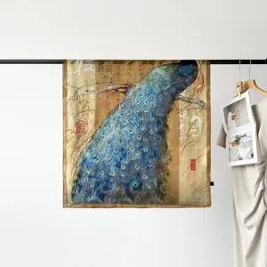 Exquisite 90cm satin large square scarf featuring a stunning peacock print and vintage artistic style.
