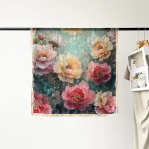 Exquisite 90cm floral print satin square scarf, elegant oil painting style silk headscarf.