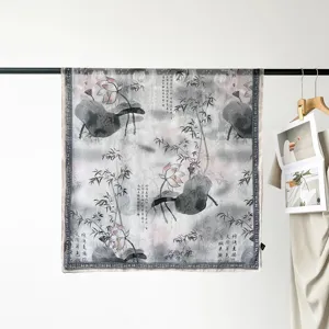 Elegant 90cm silk satin square scarf featuring traditional lotus and bamboo floral print.