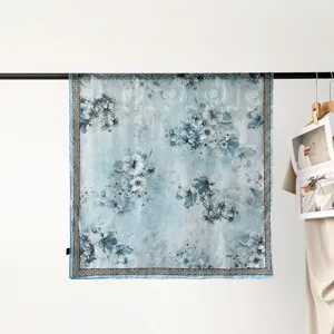 90cm blue floral satin square scarf, elegant hair scarf and neckerchief for women.