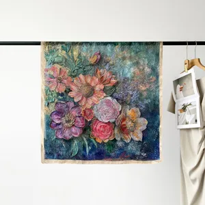 Elegant 90cm floral satin square silk scarf for women, vintage oil painting style design.