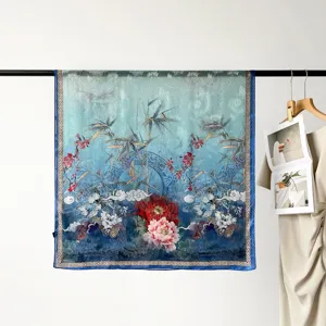 90cm floral print satin square scarf, elegant blue silk headscarf for women's daily styling.