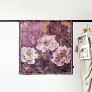 90cm purple floral satin square scarf for women, elegant vintage peony print head wrap and neck scarf.