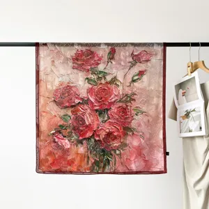 Elegant oil painting rose floral print square scarf, premium silky satin material detail.