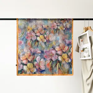 Luxury floral satin square scarf 90cm elegant oil painting art print hijab for women