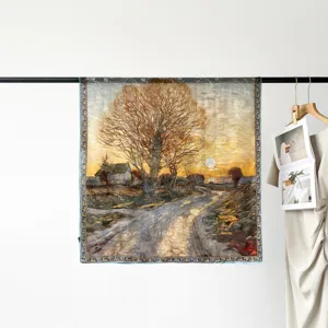 Vintage oil painting print square silk scarf 90cm elegant women satin headscarf wrap.
