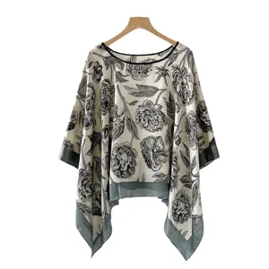 Women's floral printed sun protection shawl pullover scarf ink painting loose cape top.