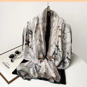 Elegant 90cm floral print satin square scarf for women, chic fashion headscarf and wrap.