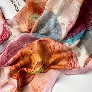 Luxury 90cm floral print silk scarf for women, elegant satin square head wrap.
