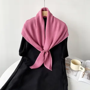 Plain pink pleated square scarf for women, 90cm dopamine bright color silk-like fashion neck scarf.