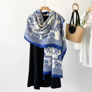 Blue and white elephant print boho scarf, lightweight ethnic shawl for travel, sun protection wrap.
