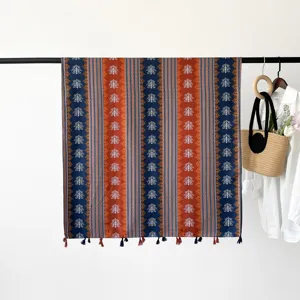Ethnic style sunscreen shawl scarf with bohemian geometric print and tassels for women.