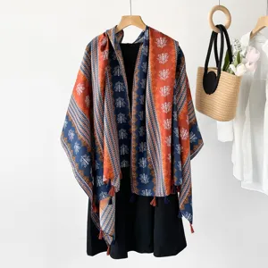 Women's Ethnic Style Sun Protection Shawl Imitation Cotton Linen Scarf Paisley Geometric Print Tassel Long Scarf Travel Beach Wrap