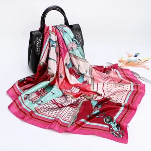 Detailed view of the 90cm luxury horse chain print silk satin scarf for women.