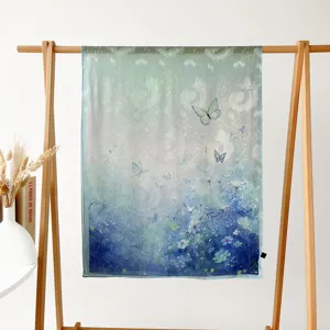 Spring summer women long silk scarf gradient blue butterfly floral print sun protection beach shawl