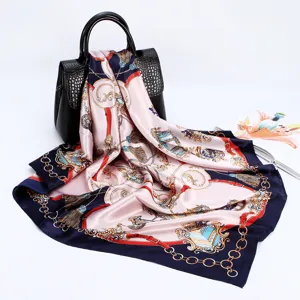 Elegant 90cm satin silk scarf with vintage chain and crest print, perfect luxury accessory.