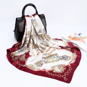 Luxury 90cm square satin silk scarf featuring vintage carriage and chain print for women.
