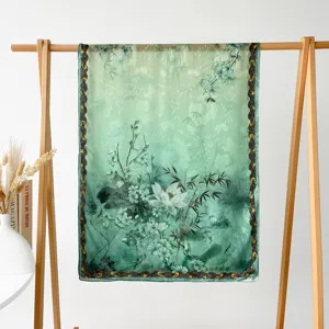 Detailed view of green floral satin long scarf, elegant lotus shawl for women summer.