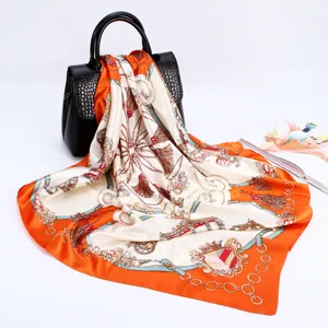90cm luxury silk feel satin square scarf with elegant chain and carriage print for women.