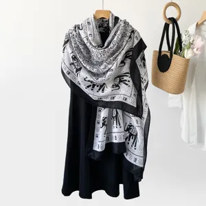 Ethnic style elephant print sun protection scarf lightweight black and white shawl for women detail view