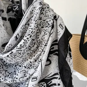 Black and white printed shawl scarf ethnic style breathable sun protection fashion accessory women