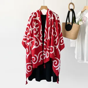 Ethnic style sun protection shawl for women, red and white paisley print cape scarf.