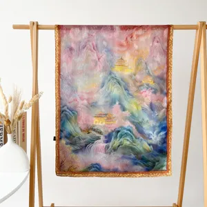 Spring summer women long silk scarf artistic landscape print elegant large shawl wrap drape