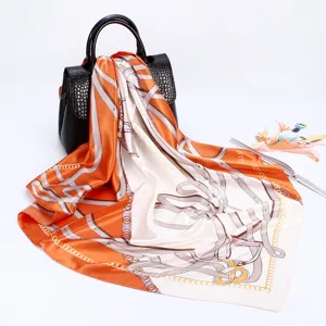 90cm Silk Feel Satin Scarf Women Equestrian Chain Print Square Headband Fashion Shawl