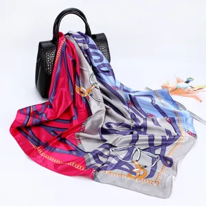 Elegant 90cm satin silk scarf featuring classic chain and horse print design for women.