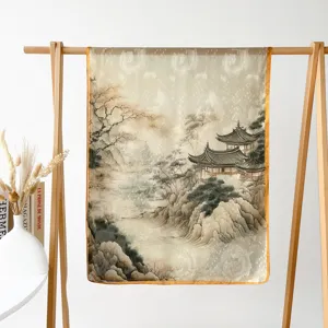 Chinese landscape silk scarf, elegant satin shawl with hollow print, traditional pavilion art.