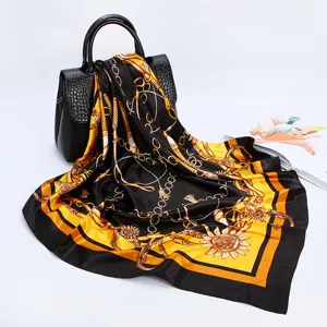 90cm Black Yellow Chain Print Silk Feel Square Scarf Elegant Women Satin Headscarf Wrap