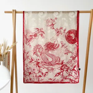 Elegant red and white Chinese dragon floral print long silk scarf for women summer sun protection.
