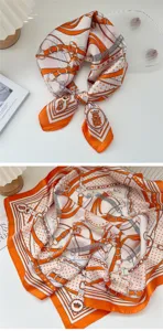 Elegant orange white silk square scarf French style fashion neckerchief for women