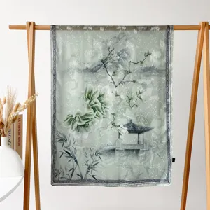 Spring summer long silk scarf women floral pavilion print elegant satin shawl wrap