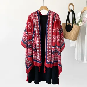 Ethnic style print shawl with dress, sun protection cape, elegant women scarf for daily wear.