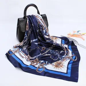 Women silk satin scarf 90cm large square shawl with luxury chain horse print for elegant daily wear