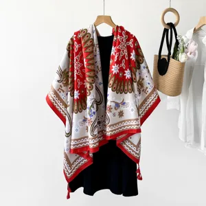 Ethnic paisley print women shawl scarf, vintage bohemian style sun protection beach wrap for travel photo.